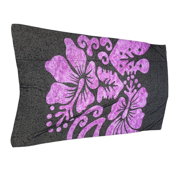 Hibiscus Floral Sarong Black Purple Lightweight Semi Sheer Fabric Rectangle Wrap - Picture 1 of 6